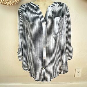 Indigo Rose Blue and White Striped Button Down Blouse. Size Petite Large.